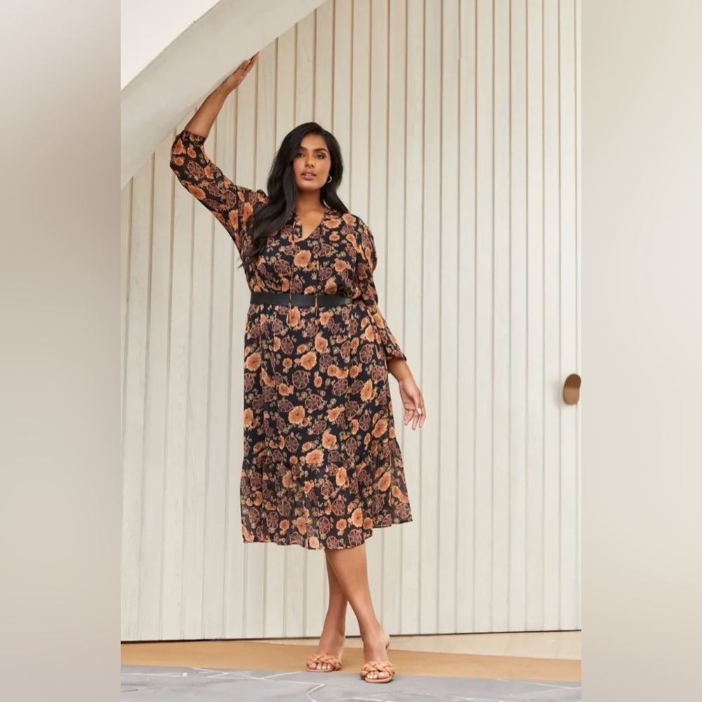 Estelle Golden Women’s Black Floral Belted Chiffon Midi Dress Elegant Attractive